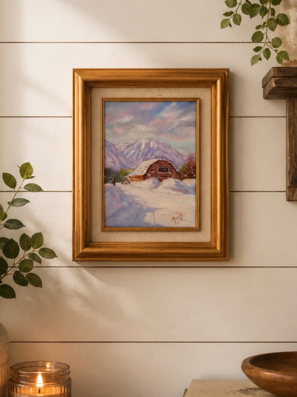 Gold Framed Winter Landscape Wall Art - signed